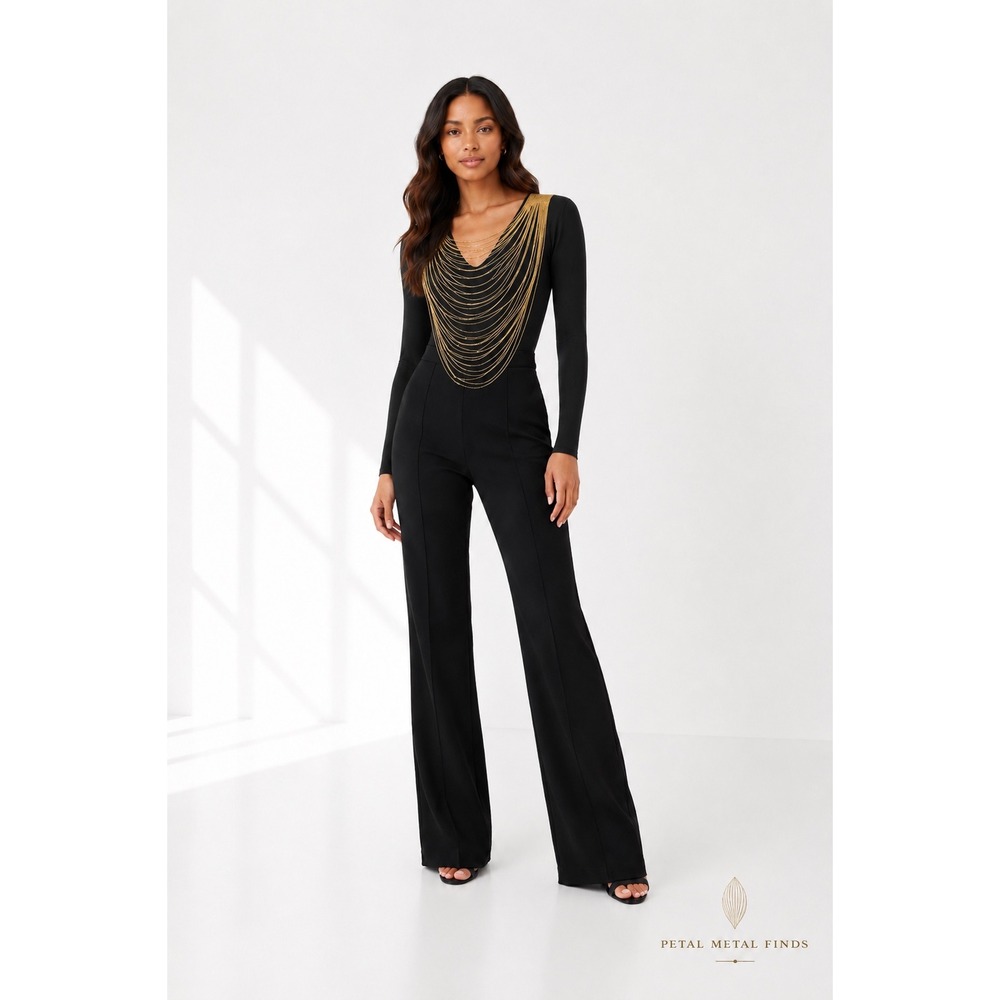Burberry Chiers Multi-Chain‎ Black Gold Chain V-Neck Long Sleeve Bodysuit NWT XL